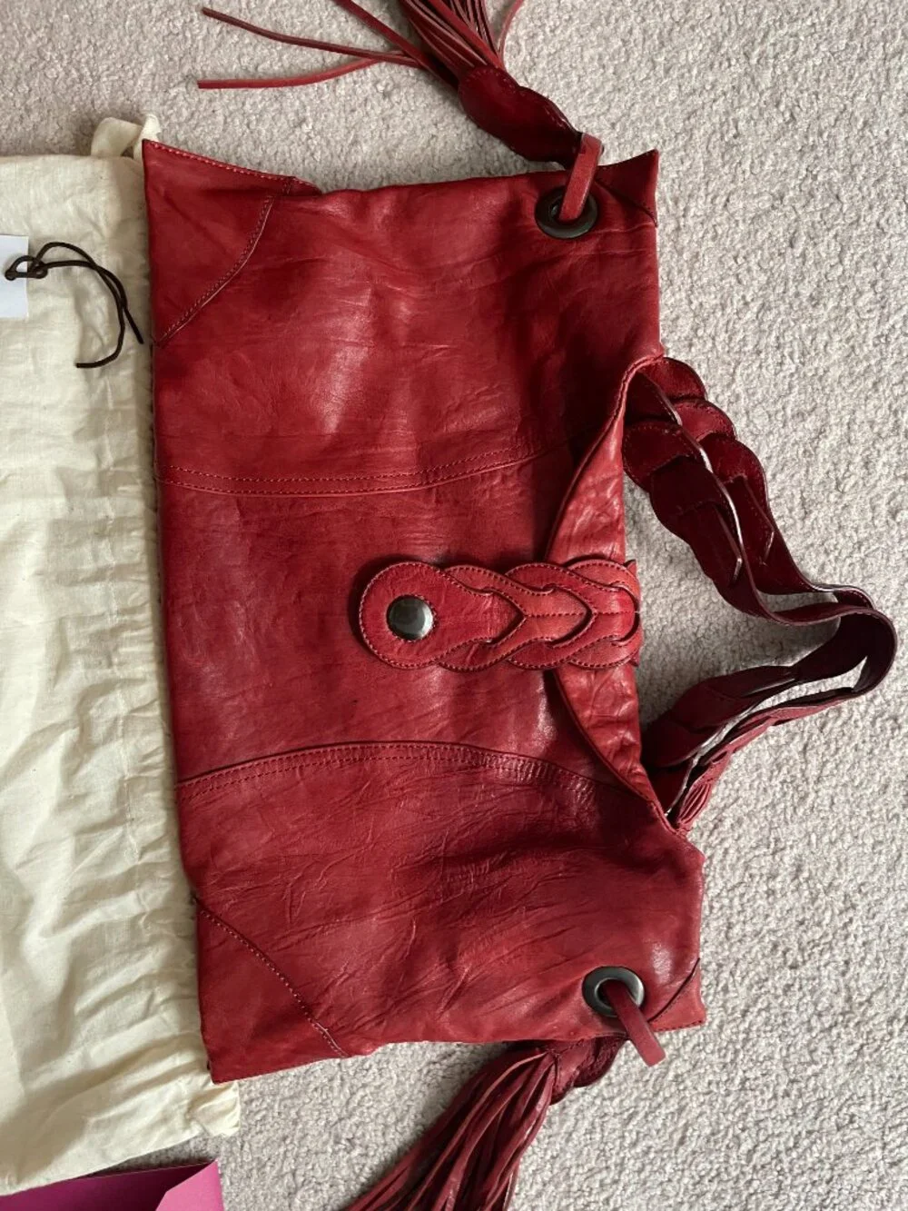 Junior Drake Berry Red Braided Leather Athena Hobo Bag